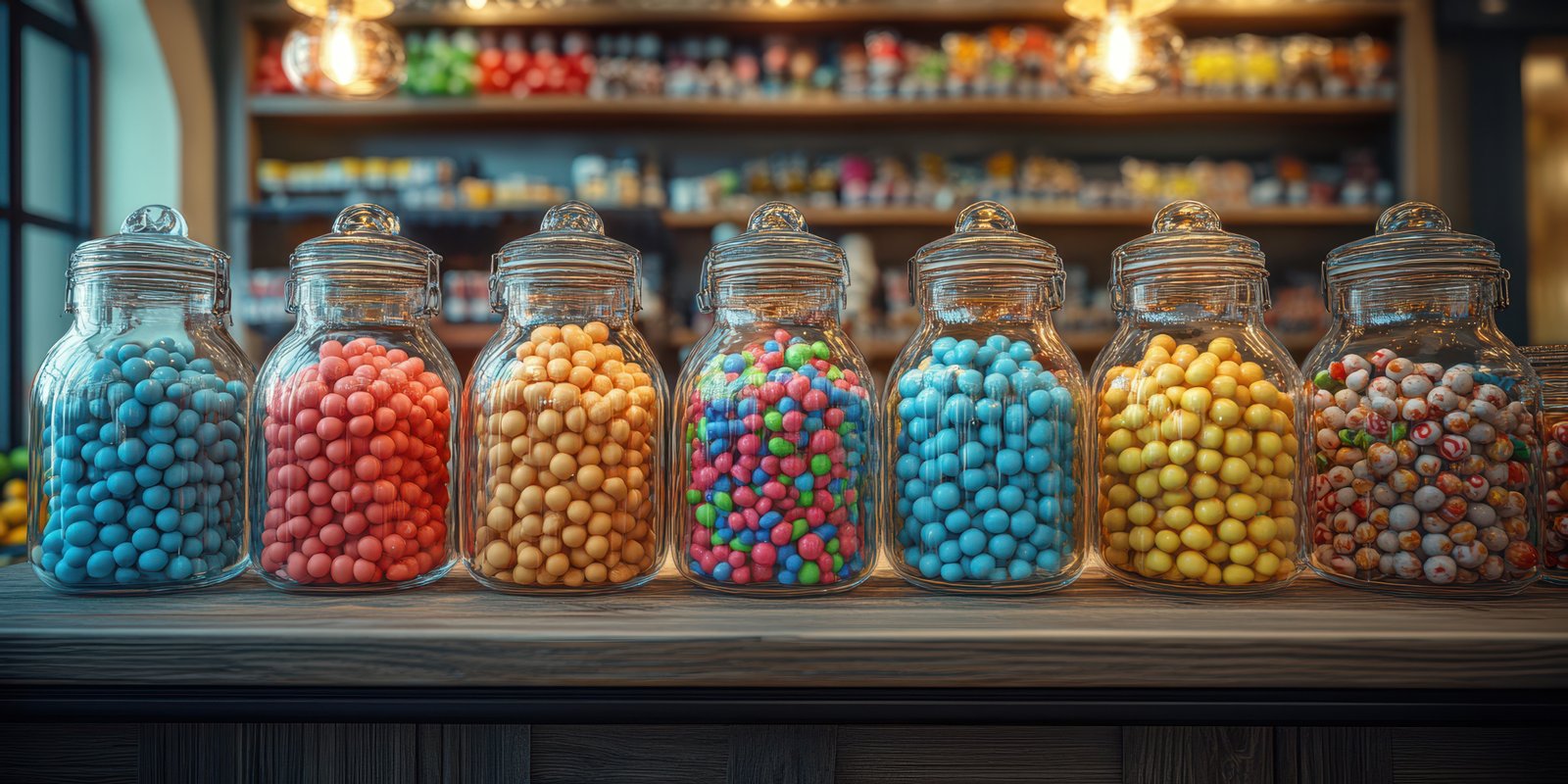 Colorful candy jars display at a nostalgic sweet shop in the late afternoon light